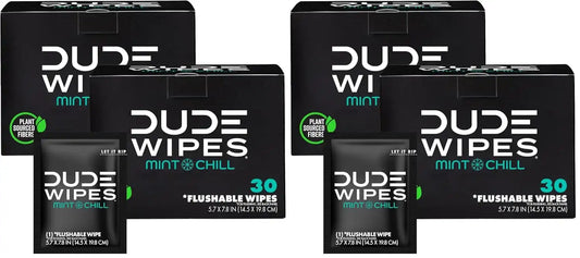 DUDE Wipes On-The-Go Mint Chill Travel Wipes-Extra-Large Adult Flushable Wipes - Infused with Tea Tree Oil, Vitamin E, and Aloe - Septic and Sewer Safe,30 Count (Pack of 4)