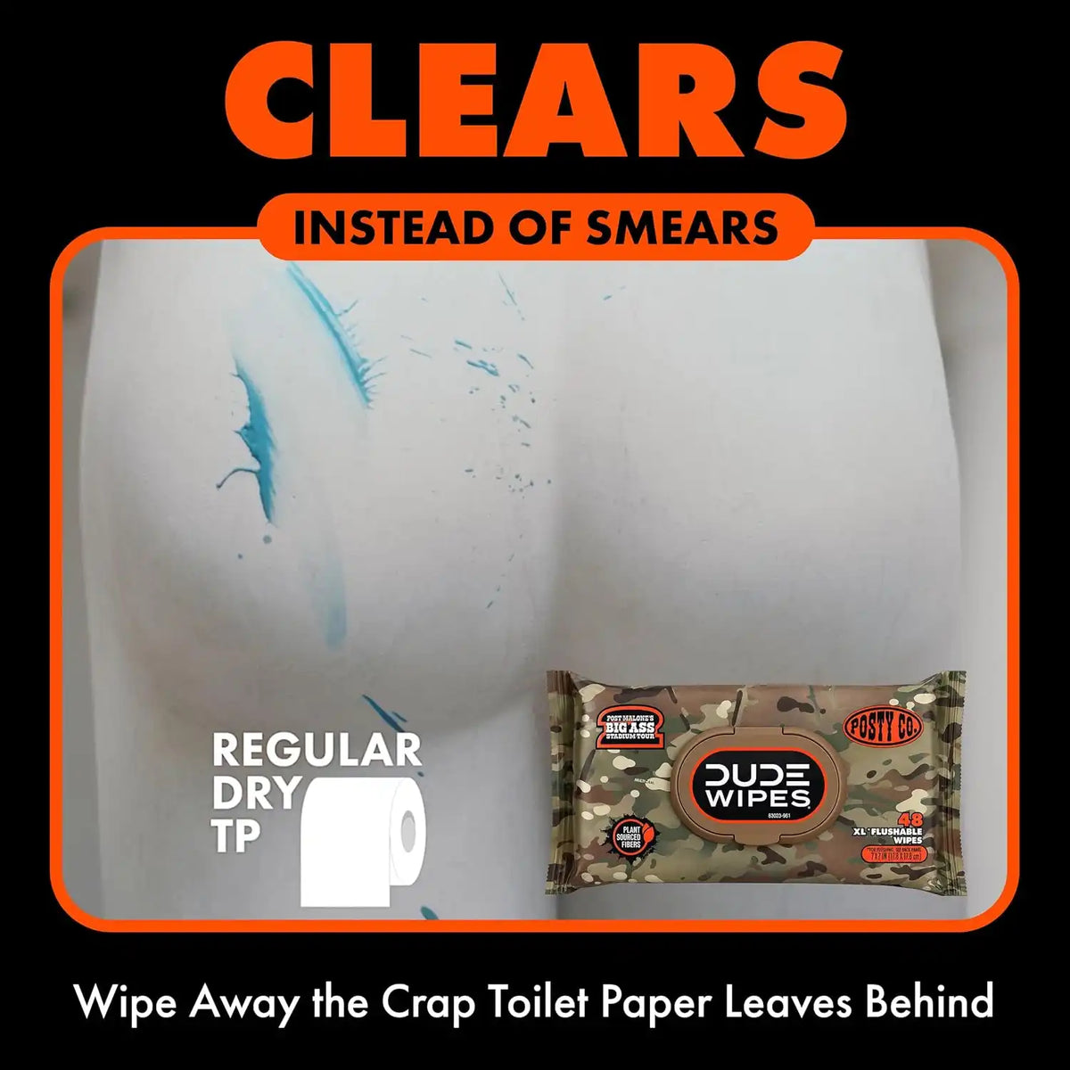 DUDE Wipes x Post Malone Adult Flushable Wipes, Camo, Unscented, 144 Count