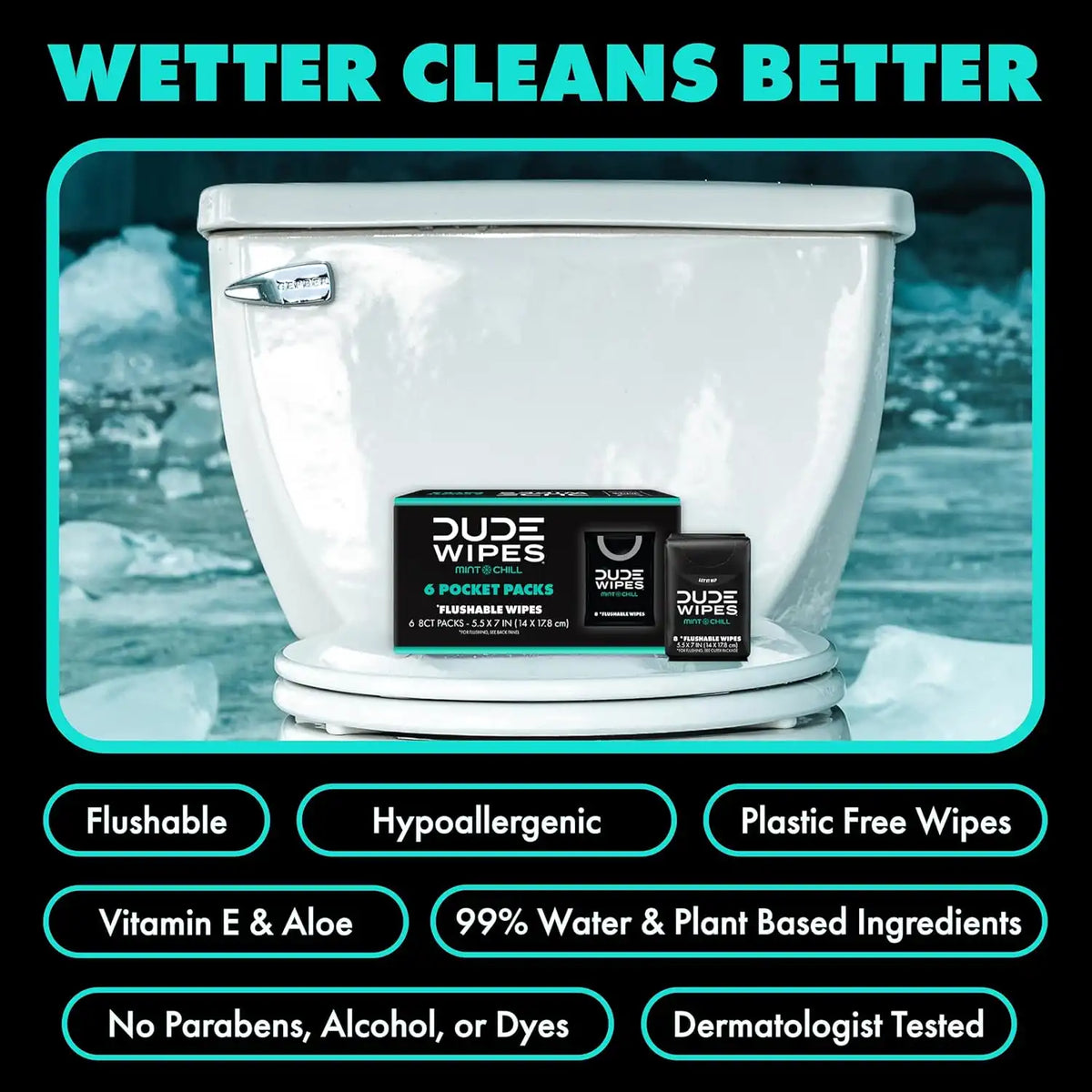 DUDE Wipes Mint Chill Pocket Packs, Adult Flushable Travel Wipes, 48 Count